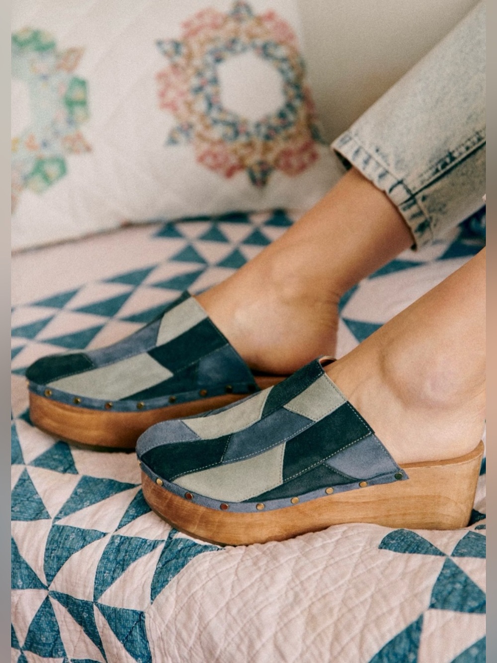 Sezane Patchwork Blue and Teal Suede Clogs